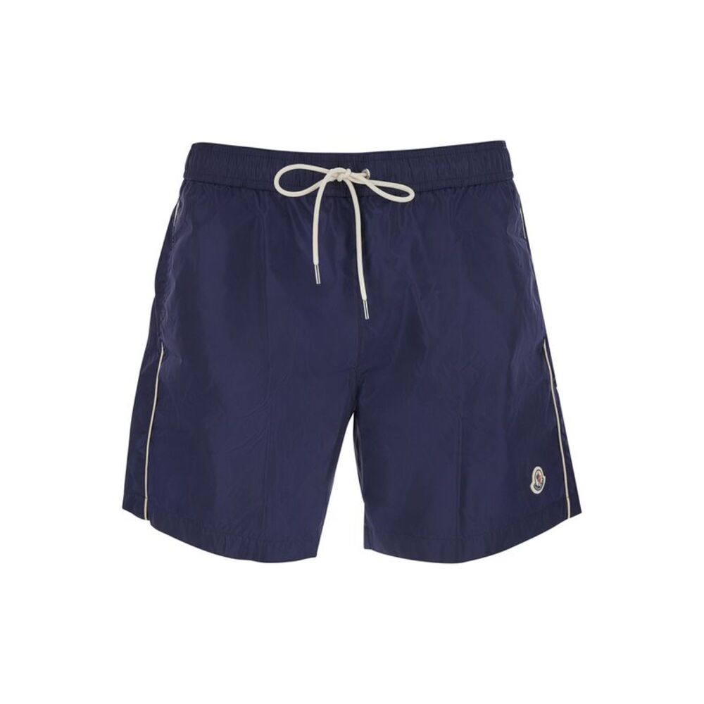 Moncler Men Blue Swim Shorts With Applied Logo Patch In Tech Fabric Man
